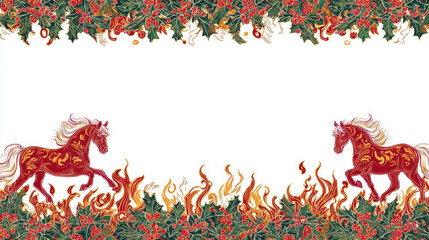 Red running horse border in Christmas festive design