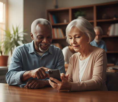 Diverse Senior Couple Using Smartphone, Happy Technology Learning