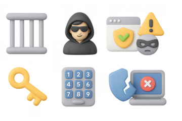 Cybersecurity alert icons in 3d style featuring hacker masks and security symbols