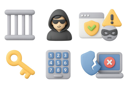 Cybersecurity alert icons in 3d style featuring hacker masks and security symbols