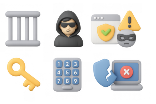 Cybersecurity alert icons in 3d style featuring hacker masks and security symbols