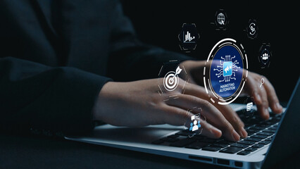 Marketing automation diagram showcase AI-driven campaign workflow, highlight marketing automation, data-driven strategy, marketing automation tools, and market automation process in business. Elide