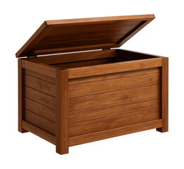 Classic wooden cushion storage box for verandas, featuring sturdy corner reinforcements.