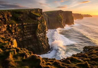 Dramatic coastal cliffs at sunset with crashing waves and golden sunlight