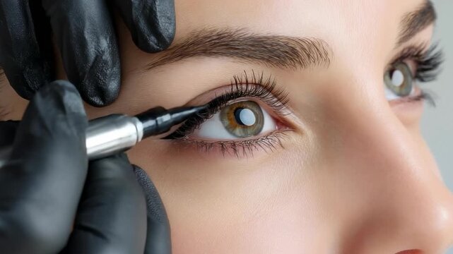 Close up of permanent eyeliner tattoo application on upper eyelid by professional makeup artist in studio