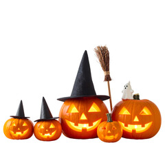 Five jack-o'-lanterns with hats, a broom, and a ghost
