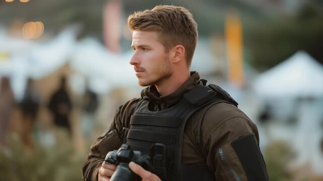 Bodyguard checking surveillance equipment and communication gear before deployment, showing preparation, focus, emotional commitment, and perfectionism in executive protection standards.  cinematic