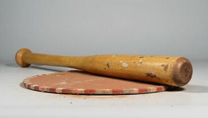 Weathered Baseball Bat Resting on Home Plate A detailed, low angle close up shot of a scuffed and weathered wooden baseball bat resting diagonally against a dirt stained home plate. Focus is sharp on