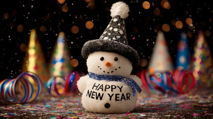 Snowman with hat and festive confetti background.