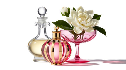 A product photography composition featuring three elegant perfume bottles and a white flower arrangement on a white background.