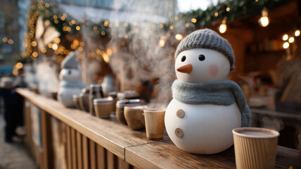 Seasonal happiness. Snowman surrounded by joyful gifts and bright ornaments.