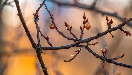 Tree Branch Buds in Sunlight with Orange and Blue Bokeh Background Detailed Branch Structure Brown Twigs Emerging Leaves and Warm Natural Light Composition