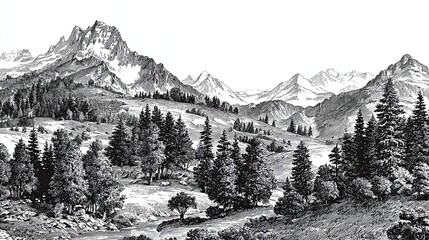Black and white engraving sketch of mountain landscape with pine forest, rocky peaks, and rolling valleys