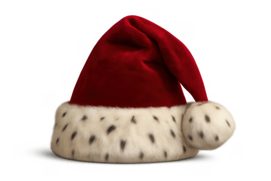 Santa claus hat with white spotted fur trim, festive christmas holiday accessory on transparent background