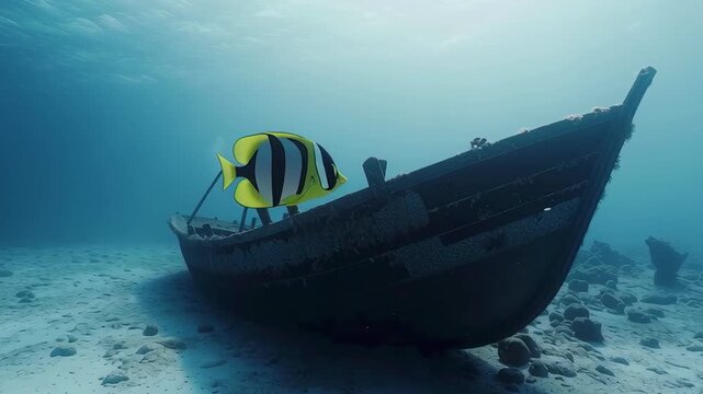 Ocean's Embrace: An evocative underwater scene showcases a captivating sunken boat, now a haven for marine life, with a vibrant fish flitting around.