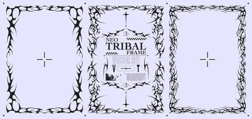 Neo tribal frame borders for poster design. Spiked Y2K ornament collection with sharp symmetrical outlines and flame-inspired tribal shapes. Vector collection