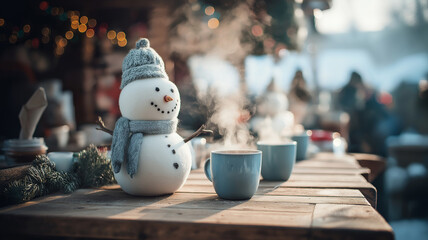 Happy new year celebration. Snowman with hat and joyful smile at market stall.
