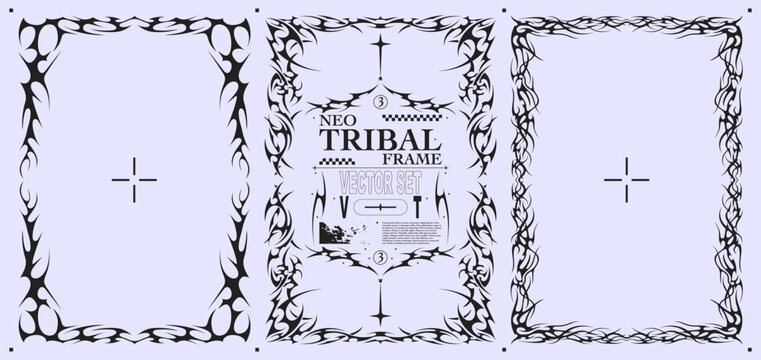 Neo tribal frame borders for poster design. Spiked Y2K ornament collection with sharp symmetrical outlines and flame-inspired tribal shapes. Vector collection