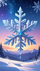 Majestic snowflake against a snowy landscape and starry night sky