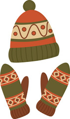 Set of knitted winter hat with pom-pom and patterned mittens. Warm and stylish accessories with decorative ornaments isolated on white 