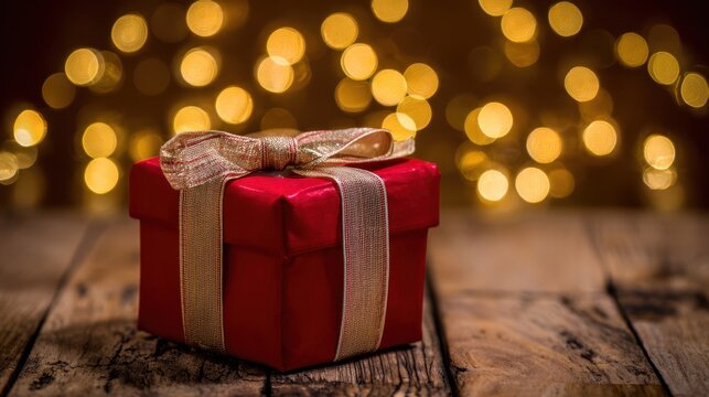 Red velvet gift box with gold ribbon on wooden table with festive bokeh lights background