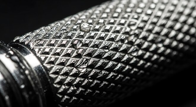 Close up macro photograph of a metal surface with a textured grip