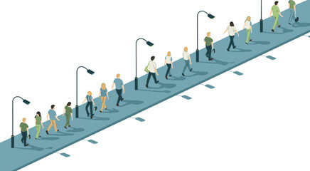 Isometric illustration of people walking on city sidewalk under street lamps, urban lifestyle concept showing daily commute and pedestrian activity