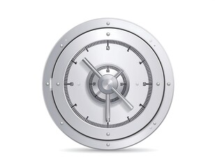 Metallic circular vault door with time dial and a central handle