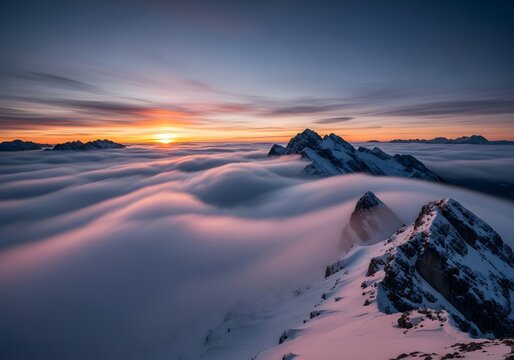Golden sunrise over snowy mountain ridge emerging above a rolling sea of soft clouds