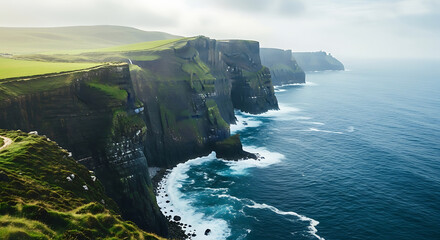 Aerial view of the cliffs of moher in ireland with the ocean crashing against the rocky coastline ai generated