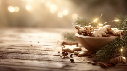 Wooden bowl filled with Christmas cookies and spices on rustic wooden table with warm festive lights