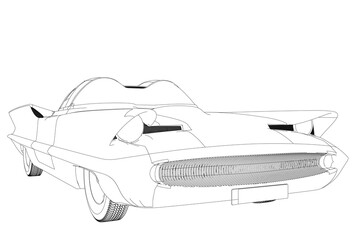 Retro future car contour drawing in black and white on a clean white background. This free printable coloring page provides a fun activity for children.