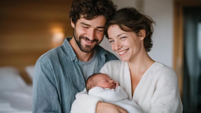 Couple embracing their newly adopted child in a warm, softly lit room, emotions of love, relief, and joy visible, symbolizing the beginning of a family, emotional bonding, and unconditional