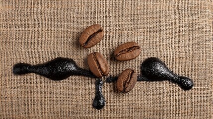 Obraz premium Coffee beans and dark liquid spill on a textured burlap background