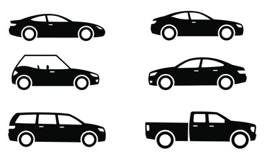 Set of six black silhouette car illustrations for vector eps graphics vector