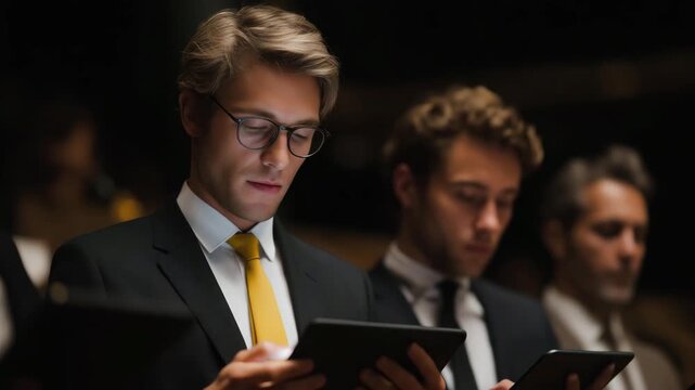 Delegates in a parliamentary session reviewing legislative proposals on digital tablets, emotion of concentration and responsibility evident, representing modern politics, data-driven lawmaking,