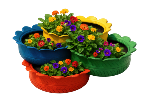 Colorful recycled tire flower bed, a creative and eco-friendly addition to any garden.