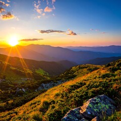 Majestic sunrise bathes rolling mountains in warm golden light