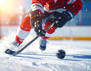 Ice Hockey Player Hitting the Puck with Snow Spray.