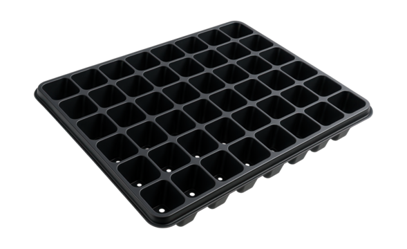 Seedling tray with individual cells for indoor seed starting, each with a drainage hole.