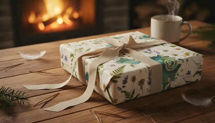 Beautifully wrapped present with botanical paper and ribbon, nestled on a rustic wooden table by a warm, glowing fireplace, evoking cozy holiday cheer and festive anticipation