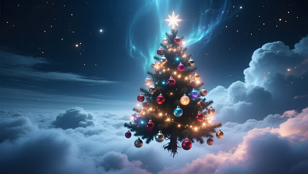 A mystical Christmas tree floating in the clouds glowing ornaments cinematic fantasy lighting.