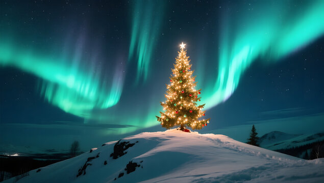 A glowing Christmas tree atop a snowy hill aurora borealis in the sky cinematic perspective.