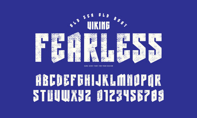 Decorative sans serif font in viking style. Letters and numbers with rough texture for logo and emblem design. White print on blue background