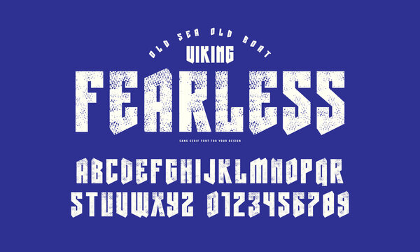 Decorative sans serif font in viking style. Letters and numbers with rough texture for logo and emblem design. White print on blue background