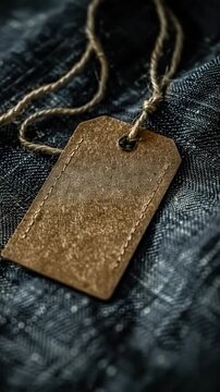 A leather tag attached to a pair of distressed denim jeans, great for fashion and lifestyle shoots