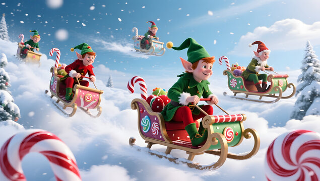 Elves flying on candy themed sleds through snowy clouds cinematic magical atmosphere.