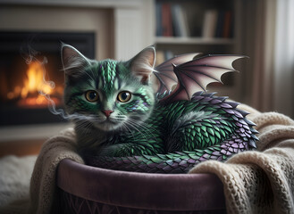 Enchanting Dragon Cat with Emerald Scales and Delicate Wings Resting by a Cozy Fireplace