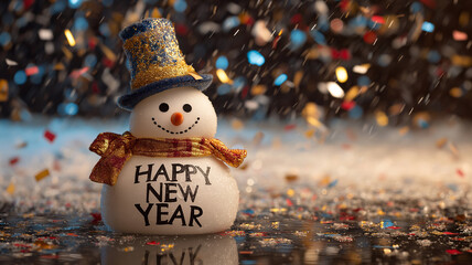 Smiling snowman with party confetti in background.