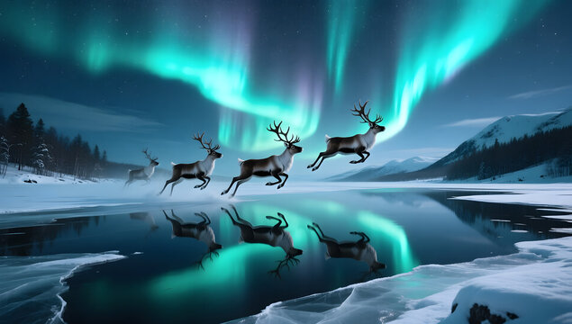 Flying reindeer over a snowy frozen lake northern lights reflection cinematic fantasy scene.